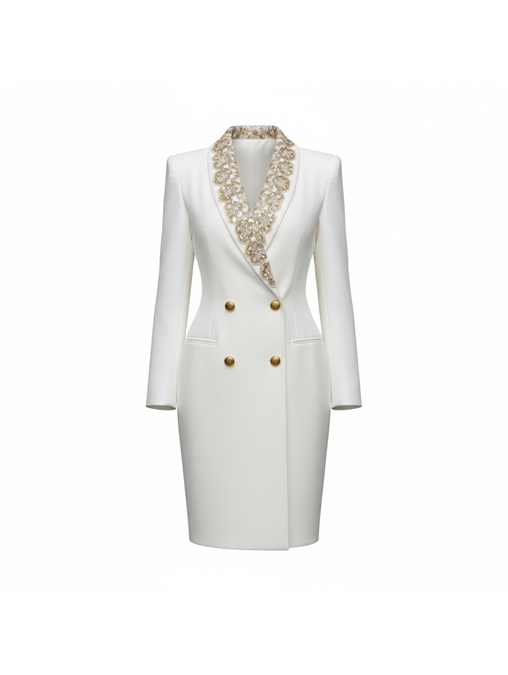 Ivory & Gold Embellished Longline Blazer